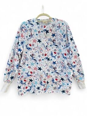 Smart Scrubs Celebrate Woof White Star-Print Scrub Top - Red Blue Gray